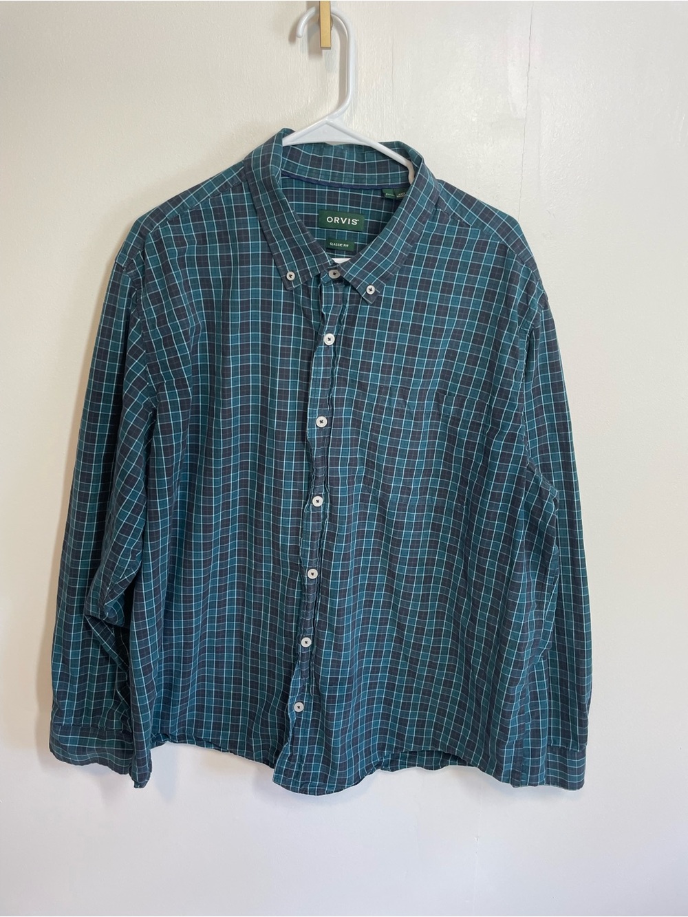 Orvis Men's Teal and Navy Plaid Button-Down Shirt